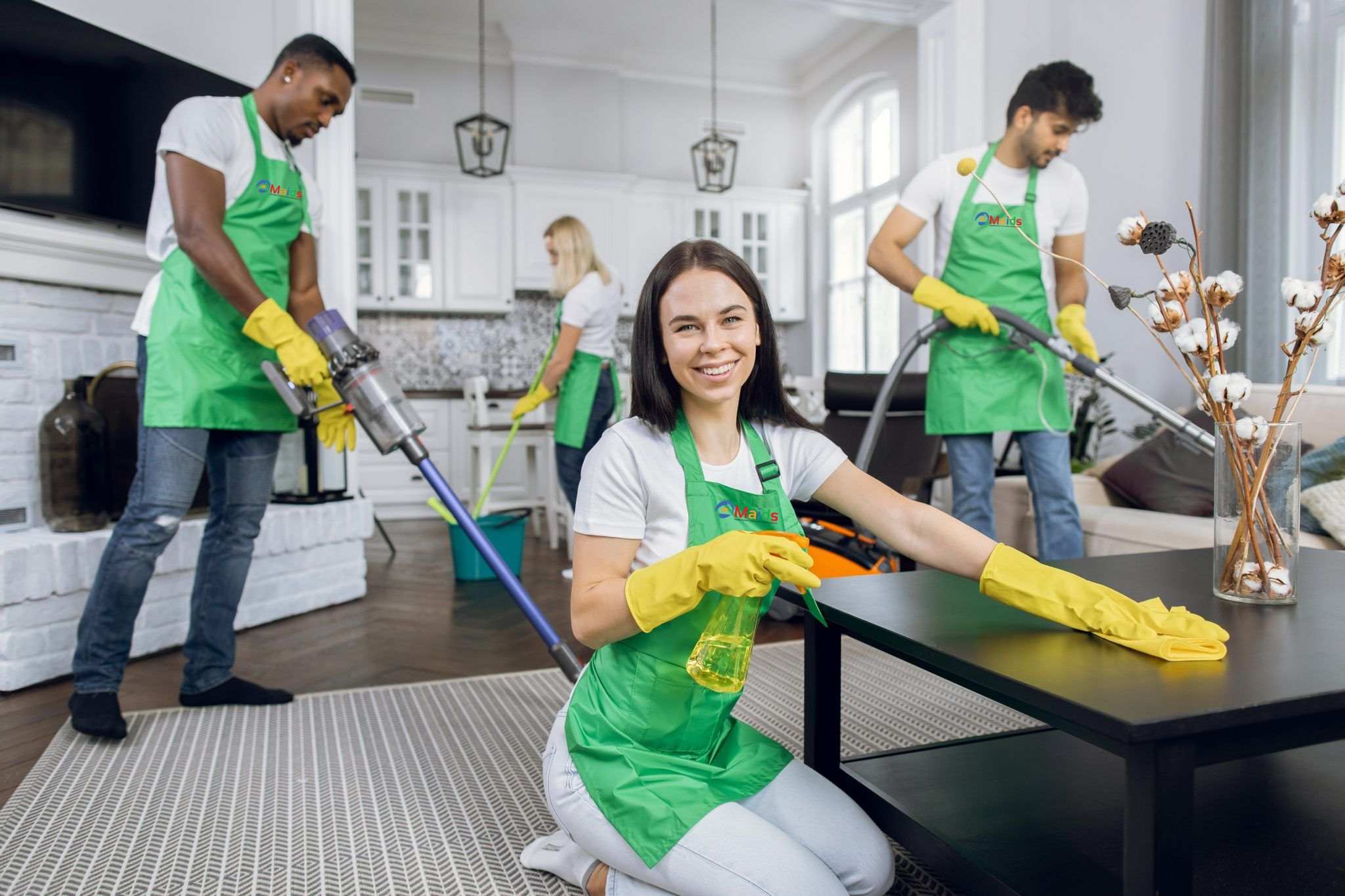 image about two mans and woman providing cleaning service.