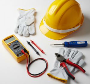 Essential electrician tools and safety gear used during training, showing how long it takes to become an electrician through hands-on experience.